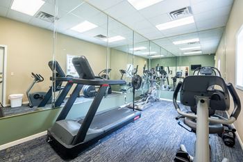 A gym with treadmills, exercise bikes, and other equipment.